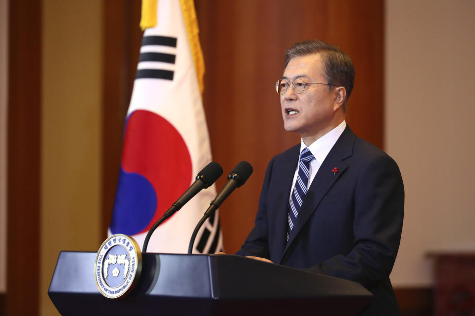 South Korean President Moon Jae-in speaks during his New Year's speech at the presidential Blue House in Seoul, South Korea, Tuesday, Jan. 7, 2020. Moon said he hopes to see North Korean leader Kim Jong Un fulfill a promise to visit the South this year as he called for the rival Koreas to end a prolonged freeze in bilateral relations. (Lee Jin-wook/Yonhap via AP)