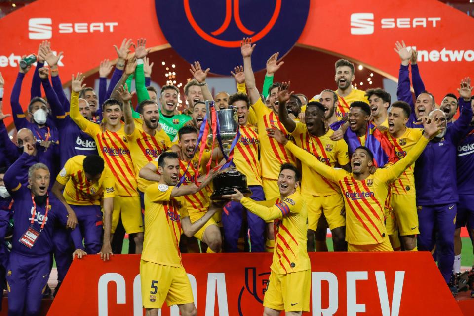 FC Barcelona players celebrate after winning the Spanish Copa del Rey.