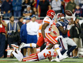 <p>New England Patriots wide receiver Brandin Cooks (14) makes a catch against Kansas City Chiefs cornerback Eric Murray (21) and cornerback Jacoby Glenn (39) during the forth quarter at Gillette Stadium. Mandatory Credit: Greg M. Cooper-USA TODAY Sports </p>