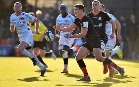 Saracens' fly-half Owen Farrell (C) - Credit: AFP