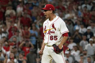 St. Louis Cardinals relief pitcher Giovanny Gallegos celebrates after striking out New York Yankees' Gleyber Torres for the final out of a baseball game Saturday, Aug. 6, 2022, in St. Louis. The Cardinals won 1-0. (AP Photo/Jeff Roberson)