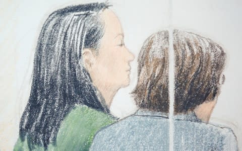 Huawei CFO Meng Wanzhou (L), who was arrested on an extradition warrant, appears at her B.C. Supreme Court bail hearing in a drawing in Vancouver, - Credit: Reuters