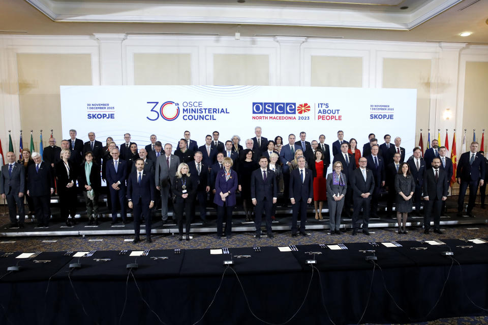 U.S. Secretary of State Antony Blinken, front row center right and North Macedonia's Foreign Minister Bujar Osmani, front row center left, pose for a family photo with foreign ministers and officials of OSCE (Organization for Security and Co-operation in Europe) member countries, during a meeting in Skopje, North Macedonia, on Wednesday, Nov. 29, 2023. (AP Photo/Boris Grdanoski)