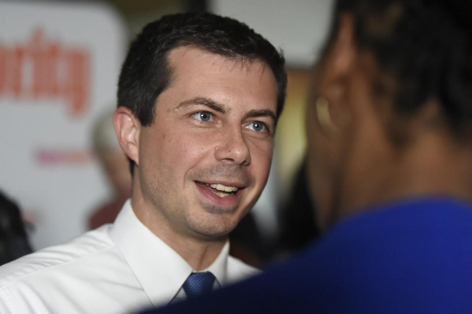 Democratic presidential hopeful and South Bend, Ind., Mayor Pete Buttigieg speaks with a voter following an event with Supermajority on Tuesday, Sept. 17, 2019, in Columbia, S.C. (AP Photo/Meg Kinnard)