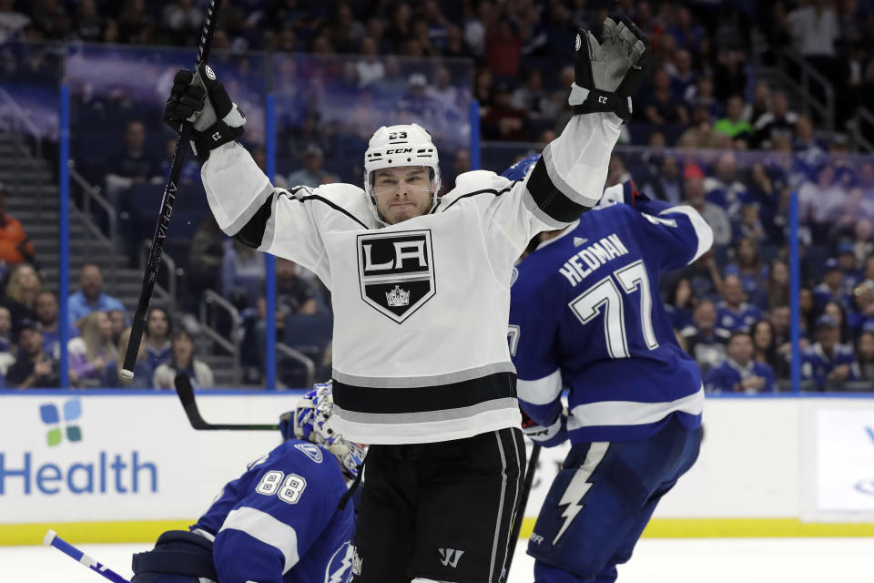 Los Angeles Kings right wing Dustin Brown (23) celebrates his goal against the Tampa Bay Lightning during the third period of an NHL hockey game Tuesday, Jan. 14, 2020, in Tampa, Fla. (AP Photo/Chris O'Meara)