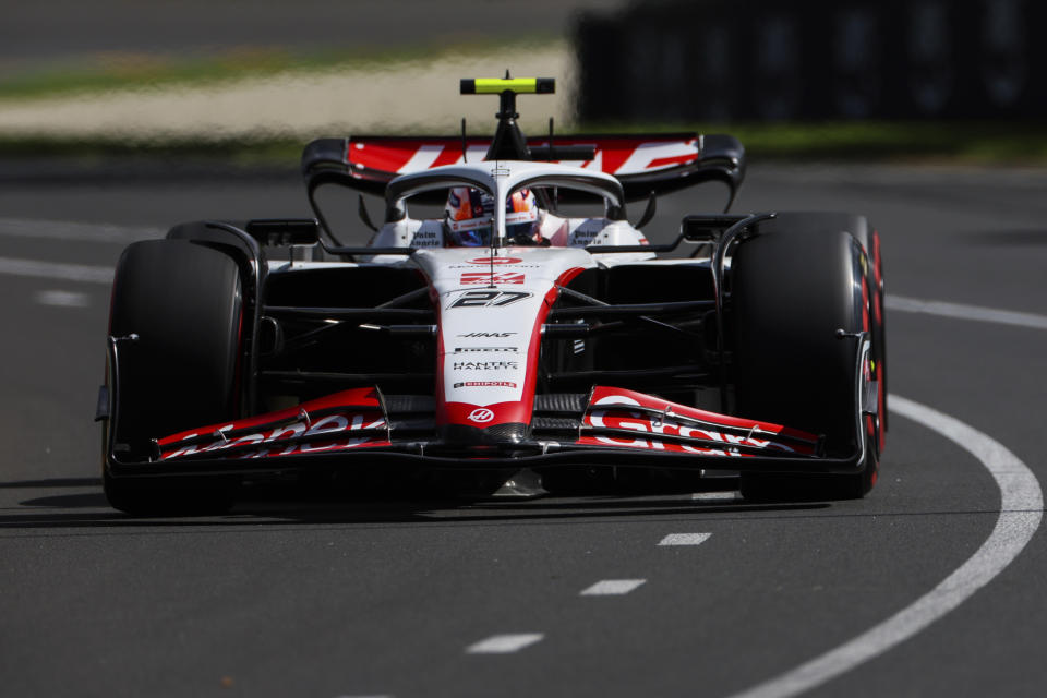 Haas driver Nico Hulkenberg of Germany races his car during the first practice session for the Australian Formula One Grand Prix at Albert Park in Melbourne, Friday, March 31, 2023. (AP Photo/Asanka Brendon Ratnayake)