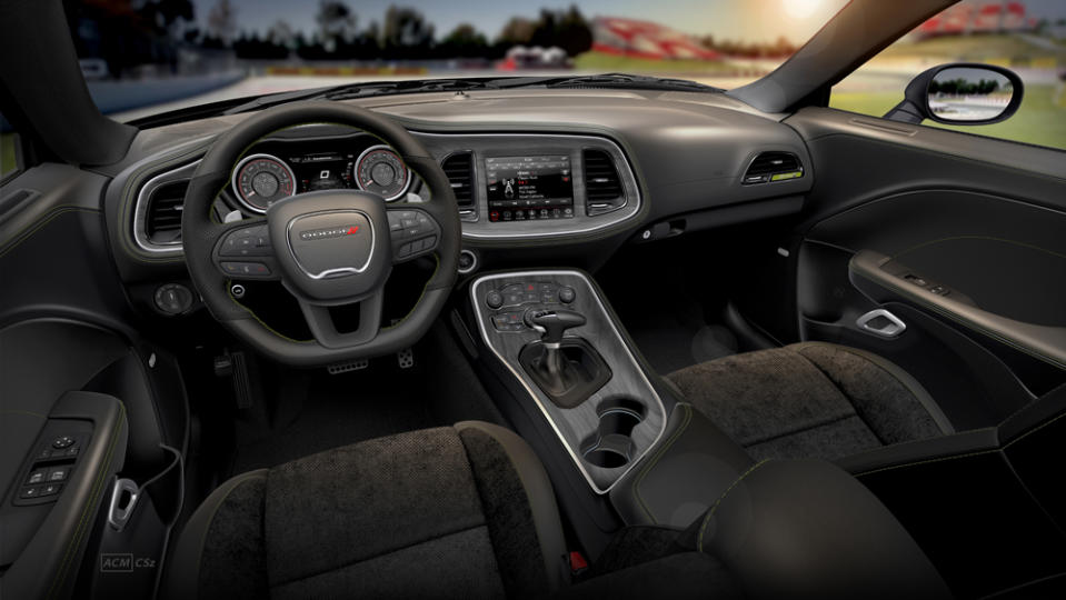 The front interior of the 2023 Dodge Challenger R/T Scat Pack Widebody “Last Call” Swinger Special Edition.