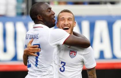 Jozy Altidore (17) is congratulated by defender Fabian Johnson after Altidore's first goal. (Reuters)