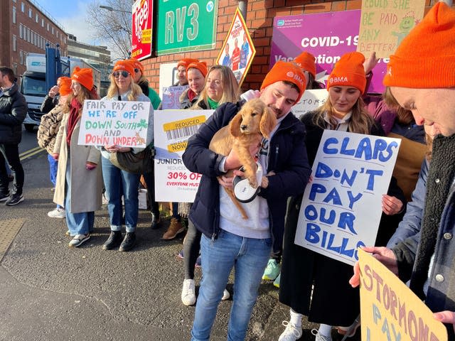 Junior doctors on a picket line outside the Royal Victoria Hospital in Belfast 