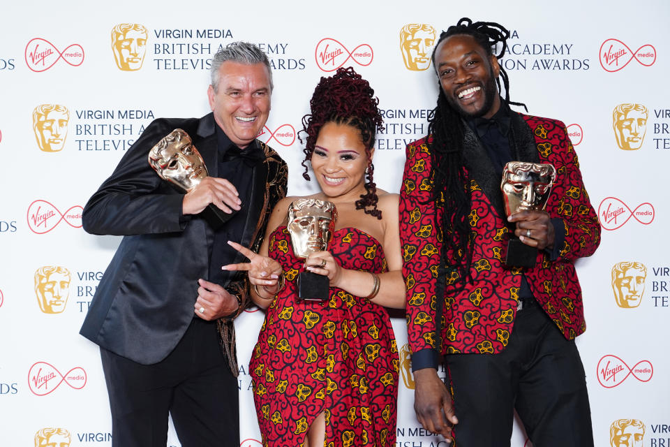 Reality & Constructed Factual Award Bafta TV winners (left to right) Lee Riley, Mica Ven and Marcus Luther for Gogglebox at the Virgin BAFTA TV Awards 2022, at the Royal Festival Hall in London. Picture date: Sunday May 8, 2022. (Photo by Ian West/PA Images via Getty Images)