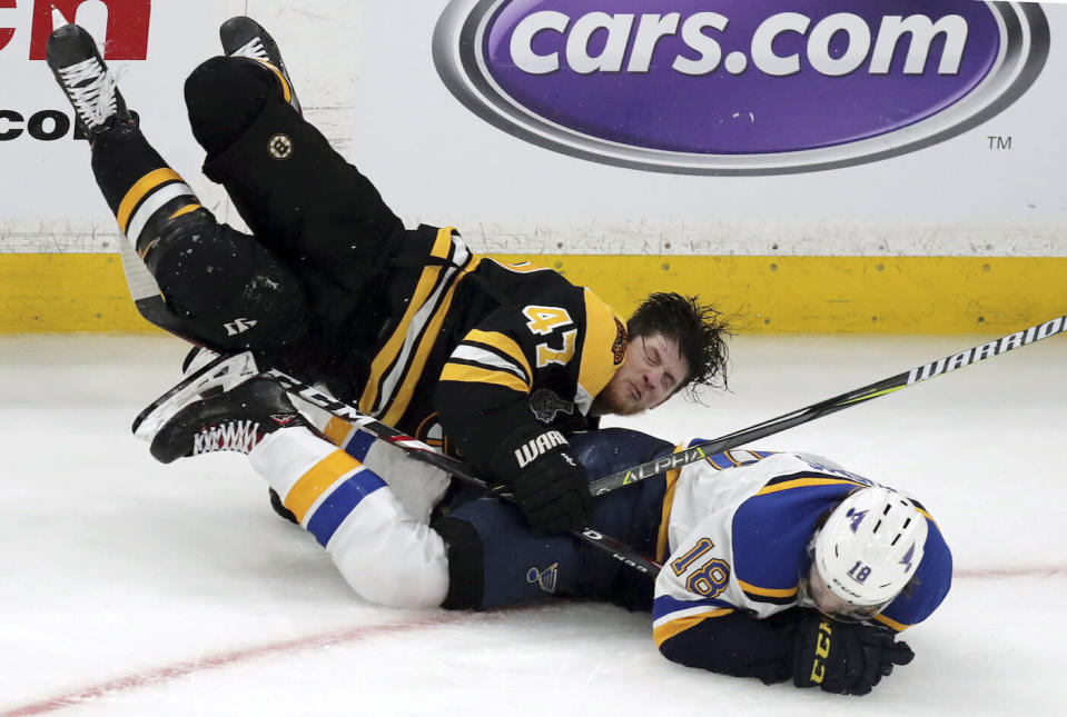 Boston Bruins defenceman Torey Krug was full of energy throughout a crazed third period shift. (AP Photo/Charles Krupa)