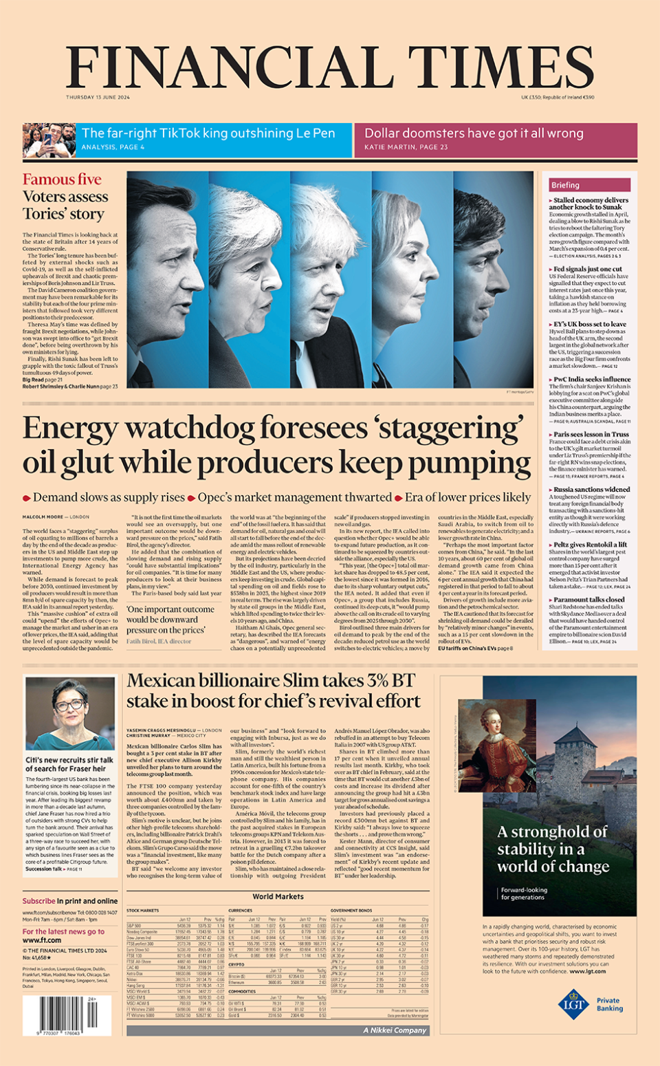 FT headline: "Energy watchdog foresees ‘staggering’ oil glut while producers keep pumping"