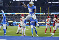 Los Angeles Chargers running back Austin Ekeler (30) reacts after scoring a touchdown during the second half of an NFL football game against the Kansas City Chiefs, Thursday, Dec. 16, 2021, in Inglewood, Calif. (AP Photo/Marcio Jose Sanchez)