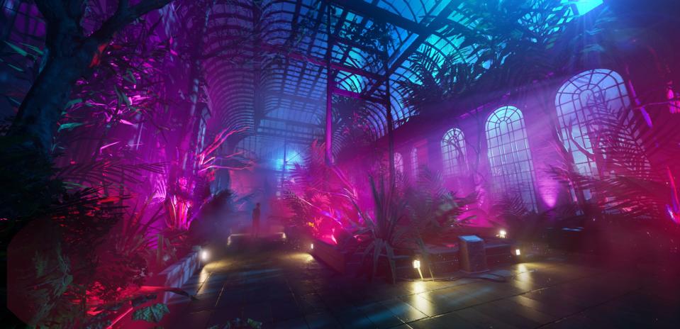 concept art of pink lit gothic greenhouse