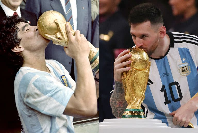 Dos postales que ya están en la historia: Diego Maradona alza la Copa del Mundo tras la victoria por 3-2 sobre Alemania en el estadio Azteca,; Lionel Messi besa el mismo trofeo 36 años después, en el estadio Lusail de Qatar