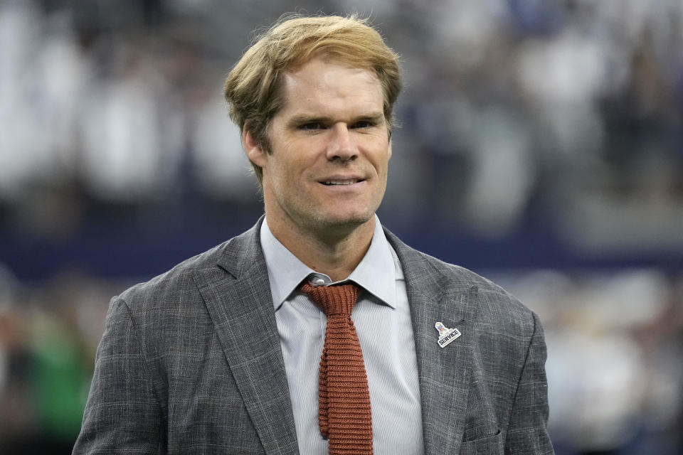 ARLINGTON, Texas - NOVEMBER 12: Broadcaster Greg Olsen walks on the field before the New York Giants vs. Dallas Cowboys game at AT&T Stadium on November 12, 2023 in Arlington, Texas.  (Photo by Sam Hodde/Getty Images)