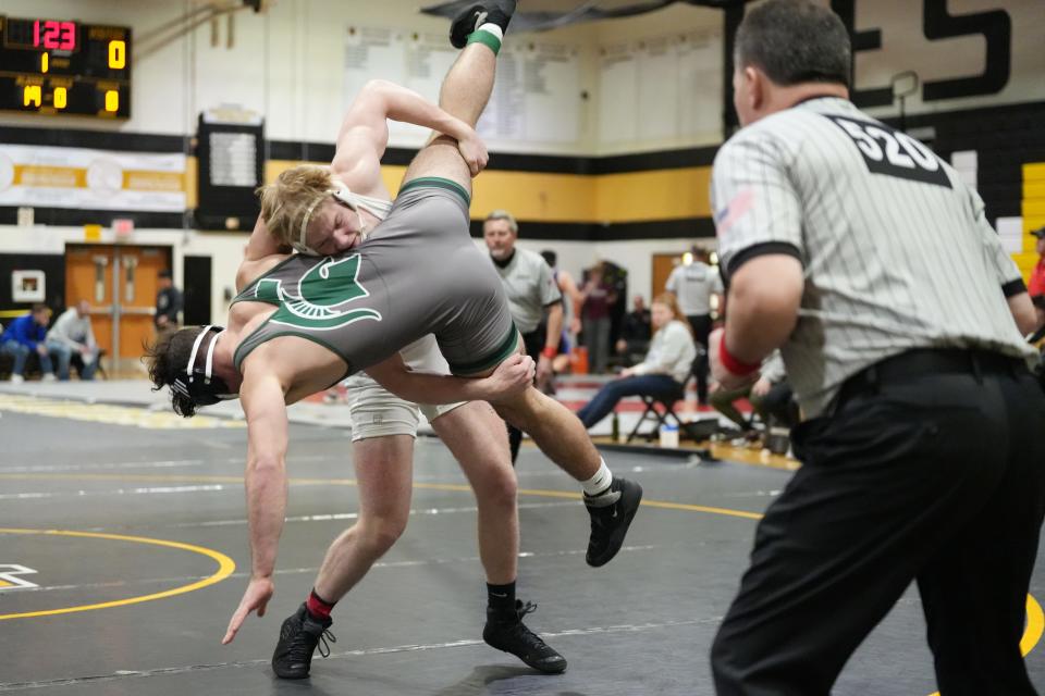 The Passaic County Wrestling Championships at West Milford High School on Saturday, January 21, 2023. Frankie Martino (Passaic Valley) on his way to defeating Anthony Jacobsen (Depaul) in their 190 pound match.