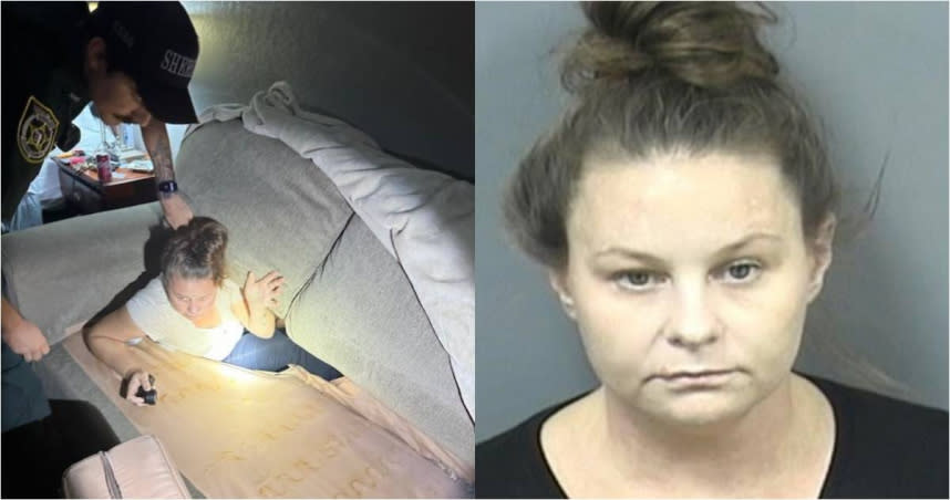警方把通緝犯史黛西從沙發縫隙裡拉出來。（圖／翻攝自臉書／Citrus County Sheriff