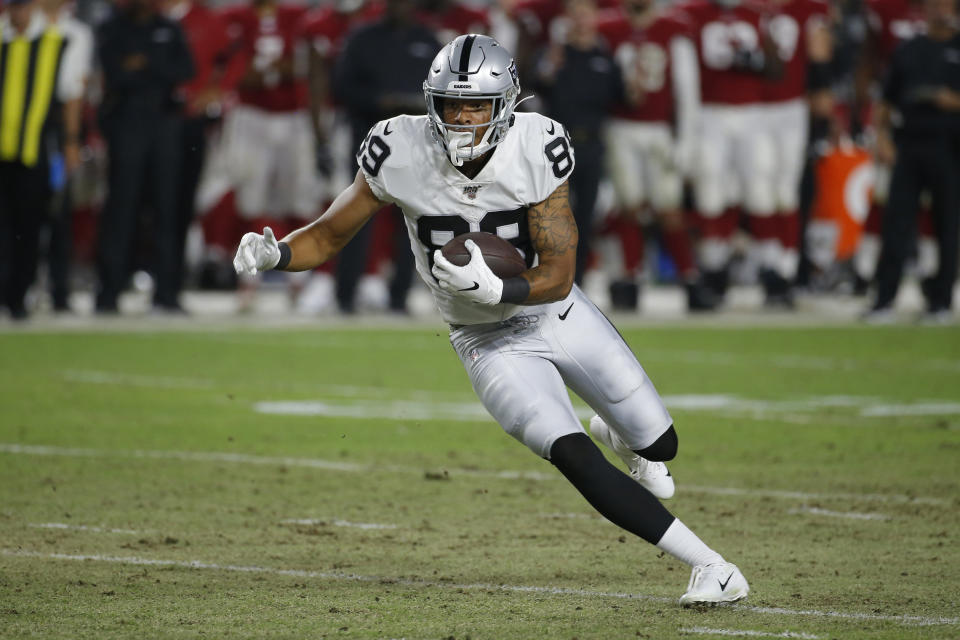 FILE - In this Aug. 15, 2019, file photo, Oakland Raiders wide receiver Keelan Doss (89) runs with the ball during an an NFL preseason football game against the Arizona Cardinals in Glendale, Ariz. After winning just four games last season and holding four picks in the top two rounds of the NFL draft, the Raiders figured to have plenty of opportunities for rookies to contribute. (AP Photo/Rick Scuteri, File)