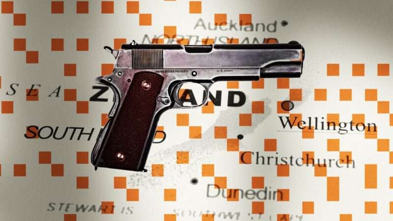 A handgun against the backdrop of a map of New Zealand, with data plots.