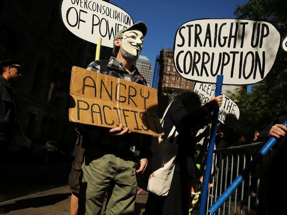 Protesters affiliated with Occupy Wall Street demonstrate for a variety of causes at Zuccotti Park (Getty )