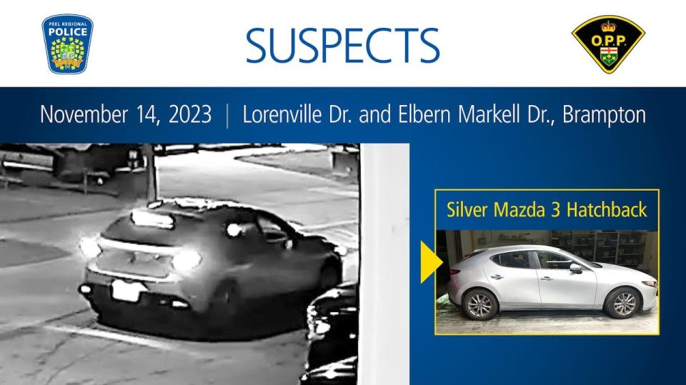 Peel Regional Police and Ontario Provincial Police release photos of a car they say suspects involved in a shooting near Lorenville and Elbern Markell drives on Nov. 14, 2023.