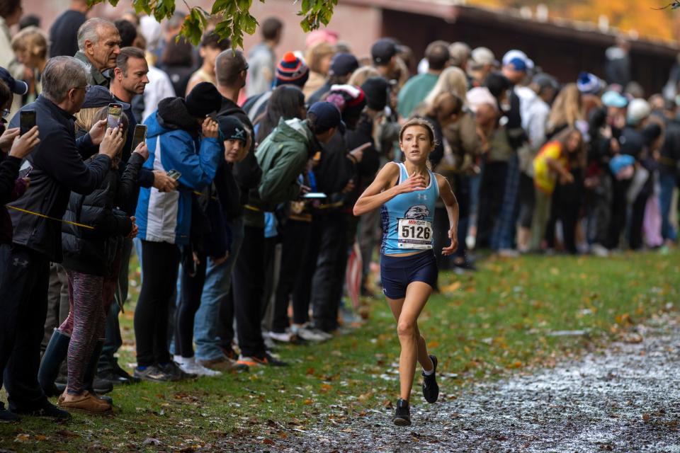 Leanna Johnston, of Immaculate Heart Academy Class, on her way to finishing third in the Bergen Cross-Country Meet of Champions at Darlington Park in Mahwah on Saturday, October 30, 2021.