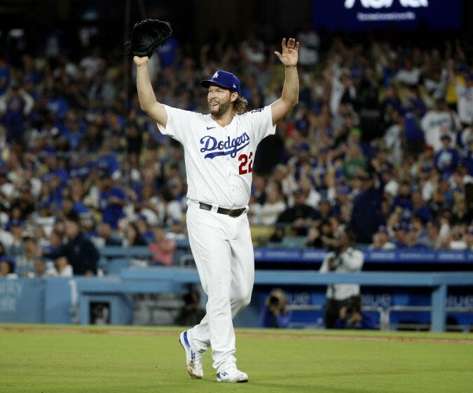 Dodgers pitcher Clayton Kershaw reacts during a game against the San Francisco Giants at Dodger Stadium on Sept. 23, 2023.