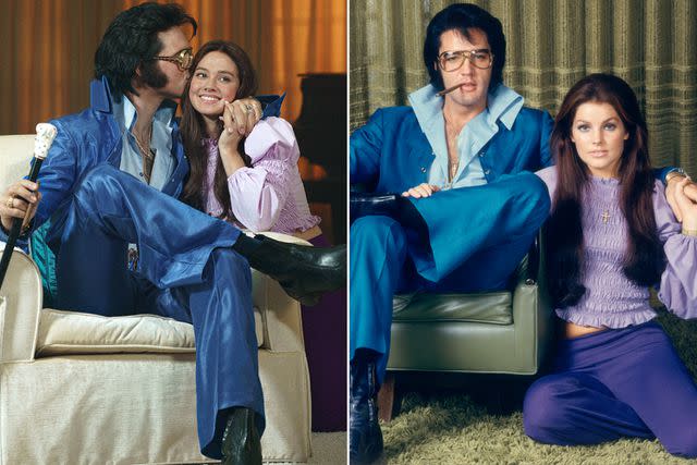 <p>Sabrina Lantos/A24; Frank Carroll/Sygma via Getty</p> Jacob Elordi and Cailee Spaeny as Elvis and Priscilla in 'Priscilla'; the Presleys in 1970