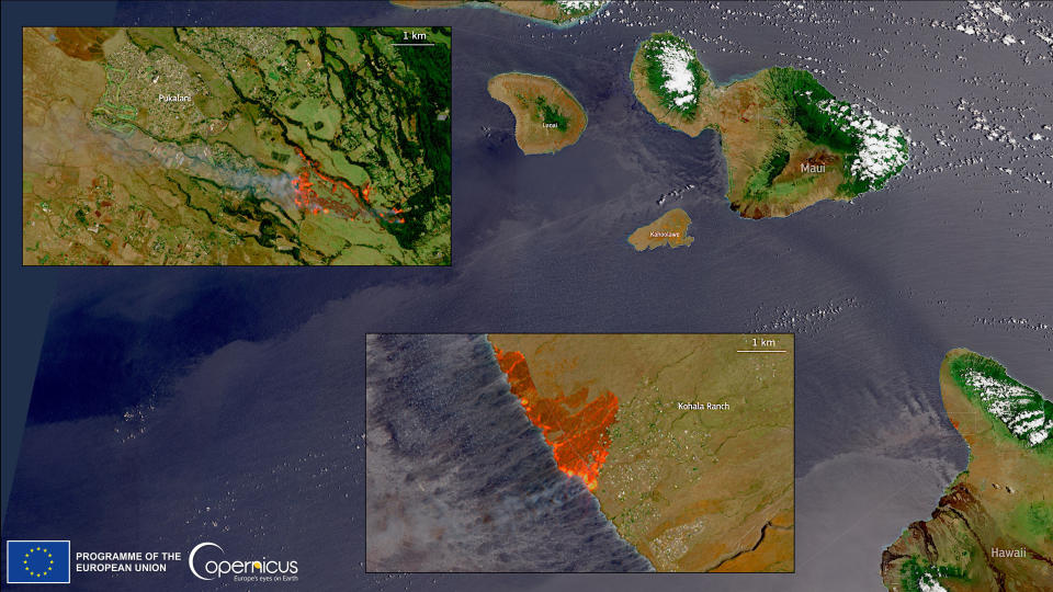 The Hawaiian of Lahaina on fire, seen by Europe's Earth-observing satellite Sentinel-2.