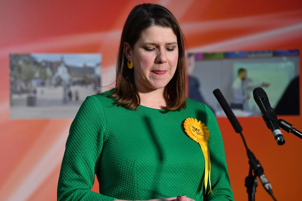Jo Swinson reacts as she speaks on stage after losing her seat at the East Dunbartonshire: AFP via Getty Images