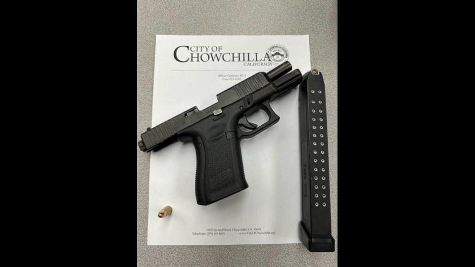 Two men on parole were arrested Monday, after they tried running from officers responding to a call of suspicious persons allegedly attempting to break into a vehicle in the 200 block of Myer Drive in Chowchilla, according to the Chowchilla Police Department. Police said the men discarded items they had on them while running from the officers. Officers located a loaded and unregistered Glock 19 gun as well as multiple extended magazines and ammunition. Image courtesy of Chowchilla Police Department.