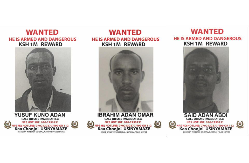 This combination photo shows wanted posters issued by Kenya's National Police Service on Saturday, Nov. 24, 2018 showing three men Yusuf Kuno Adan, Ibrahim Adan Omar, and Said Adan Abdi, who are wanted in connection with the kidnapping of 23-year-old Italian volunteer Silvia Costanza Romano in Kenya. Kenyan police have identified three suspects in the kidnapping of the Italian woman and are offering a reward of one million shillings ($9,750) for information leading to their arrest. Swahili reads "Be alert, don't stay quiet". (Kenya National Police Service via AP)