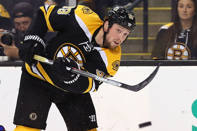 BOSTON, MA - OCTOBER 20: Matt Beleskey #39 of the Boston Bruins takes a shot against New Jersey Devils during the third period at TD Garden on October 20, 2016 in Boston, Massachusetts. The Bruins defeat the Devils 2-1. (Photo by Maddie Meyer/Getty Images)