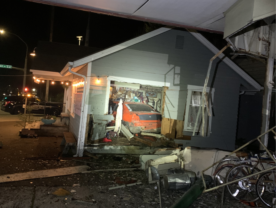 The driver of a Red Dodge Charger crashed into the business at Harrison Avenue Road Northwest and Kaiser Road Northwest Saturday night, according to police.