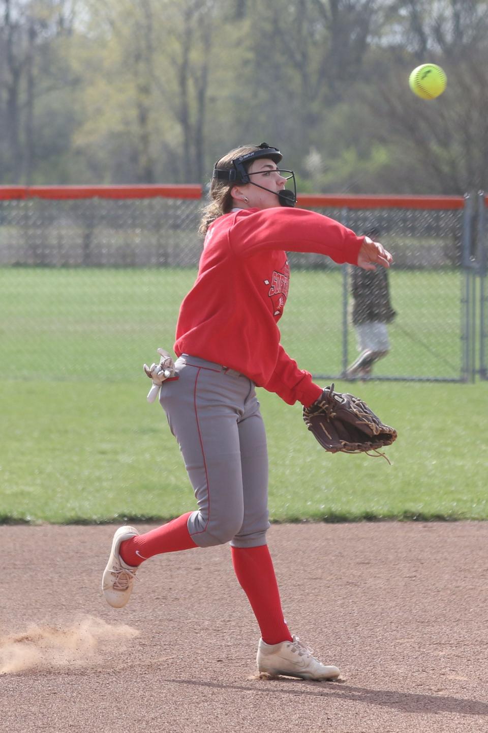 SJCC's Maddie Militello throws to first base.