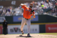 Houston Astros pitcher Justin Verlander throws against the Detroit Tigers in the first inning of a baseball game, Sunday, May 12, 2024, in Detroit. (AP Photo/Paul Sancya)