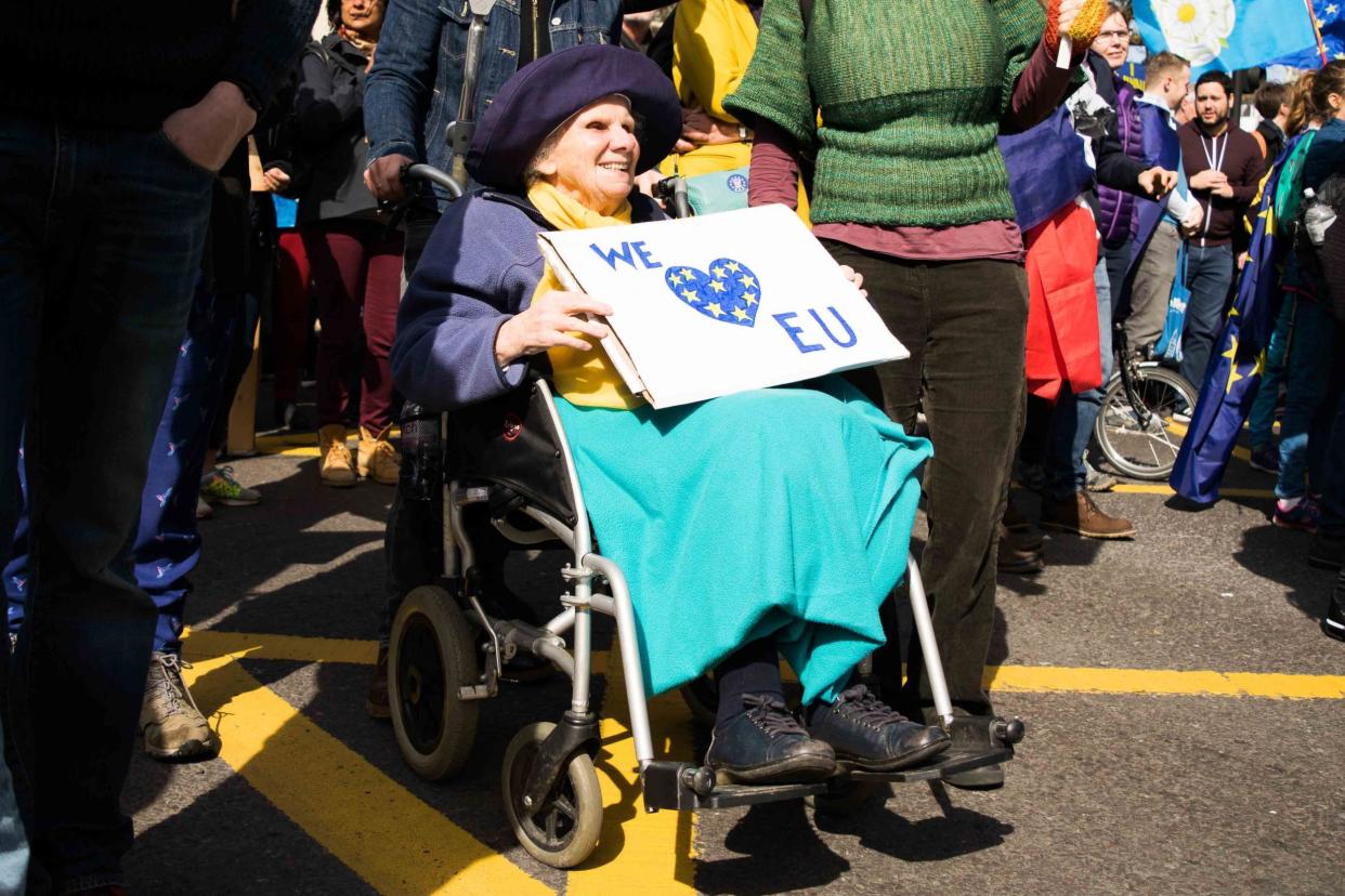 Else Catchpole, 92, travelled from Cambridge to join tens of thousands of other pro-EU marchers in London yesterday: Emily Goddard