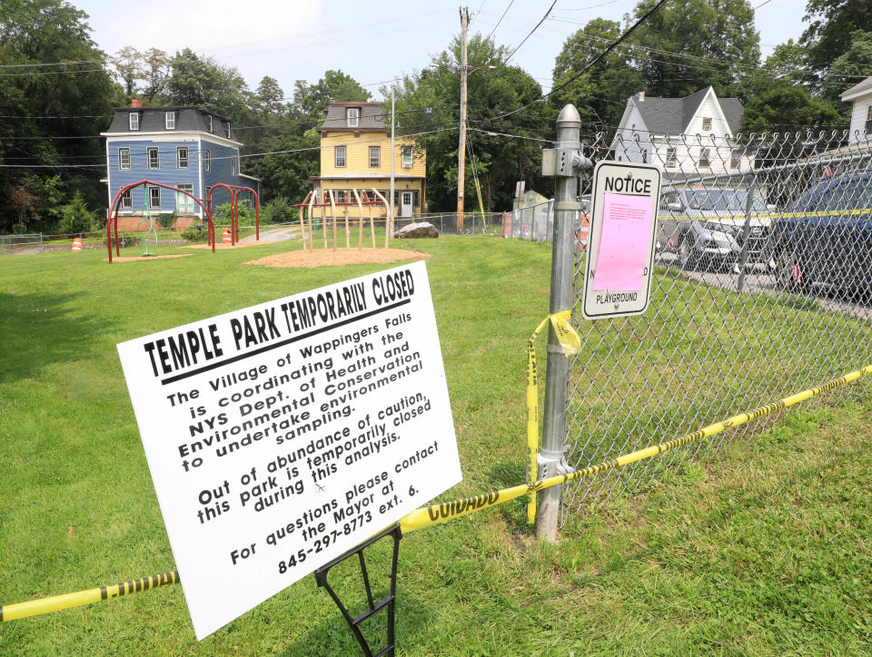 Temple Park in the Village of Wappingers Falls is temporarily closed while Verizon tests the area for lead contamination on July 18, 2023. 