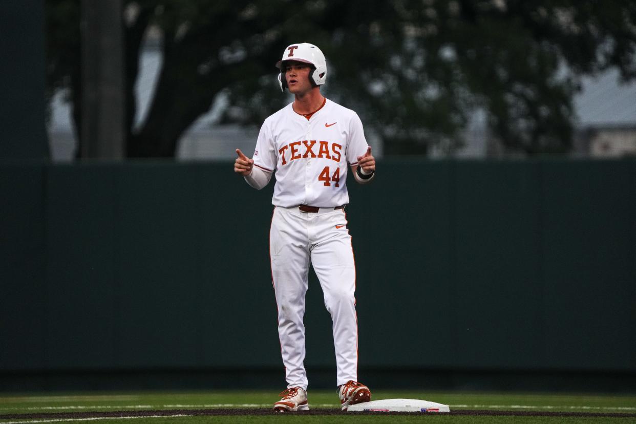 Texas Longhorns outfielder Max Belyeu (44) celebrates on second after a hit for a double during the game against Oklahoma State at UFCU Disch–Falk Field on Friday, May. 3, 2024 in Austin.