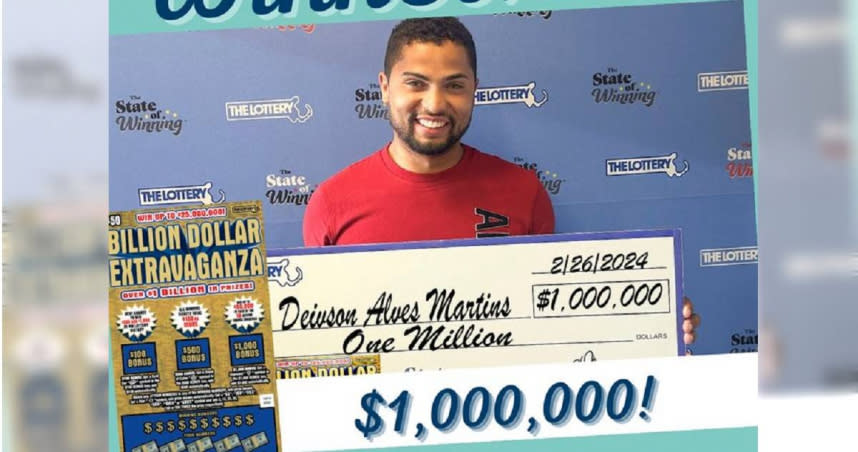 美國麻薩諸塞一名男子戴夫森（Deivson Alves Martins）刮刮樂中了500元美金（約新台幣1.5萬），一個月後又中100萬美金（約新台幣3100萬）大獎。（圖／Twitter／@MAStateLottery）