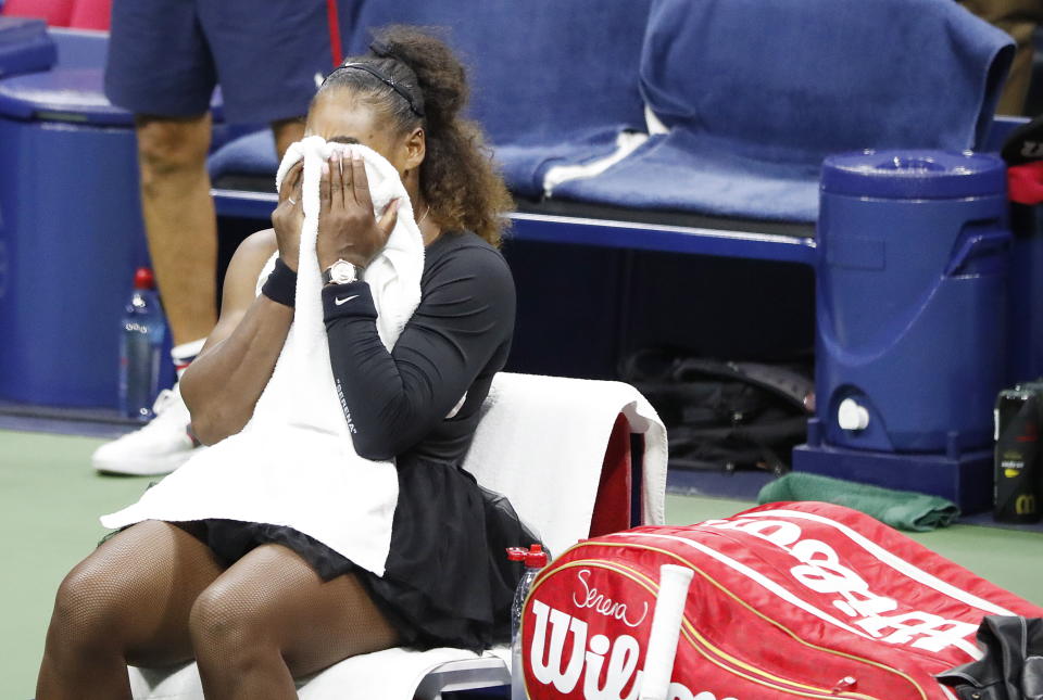 Serena Williams of the US reacts during the final changeover before the end of the women’s final. (EFE)