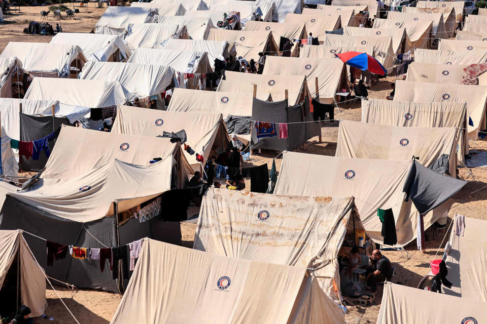 Tents for Palestinians seeking refuge are set up on the grounds of an UNRWA centre in Khan Yunis in the southern Gaza Strip. (Mahmud Hams / AFP - Getty Images)
