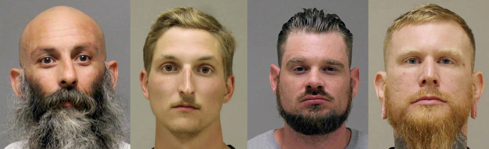 FILE - This combo shows booking photos of, from left, Barry Croft, Daniel Harris, Adam Fox and Brandon Caserta. Jurors are deliberating on verdicts following testimony at the trial of the four men accused of plotting to abduct Michigan Gov. Gretchen Whitmer in 2020. Jury selection begins Tuesday, April 5, 2022 in a trial that could last more than a month in federal court in Grand Rapids, Michigan. (Kent County Sheriff and Delaware Department of Justice via AP, File)