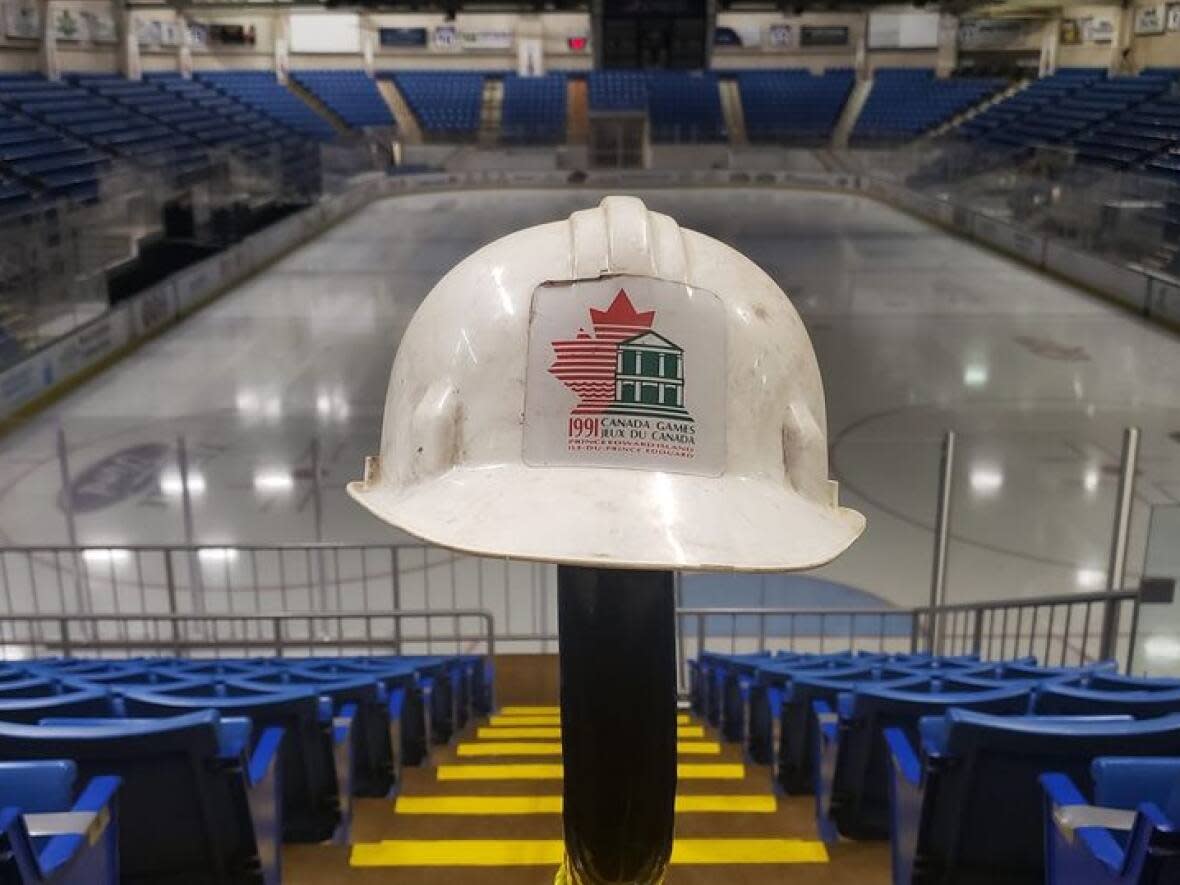 The staff at the Eastlink Centre was surprised to unearth this hardhat from 1991.  (Eastlink Centre - image credit)