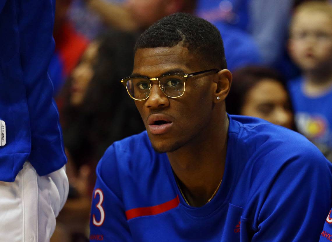 Kansas Jayhawks forward Billy Preston (23) watches from the bench during the second half of a game against the Toledo Rockets at Allen Fieldhouse on Nov. 28, 2017.