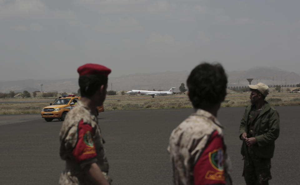 International Red Cross plane carrying prisoners takes off in Sanaa, Yemen, Friday, Apr. 14, 2023. An exchange of more than 800 prisoners linked to Yemen’s long-running war them began Friday, the International Committee for the Red Cross said. The three-day operations will see flights transport prisoners between Saudi Arabia and Yemen’s capital, Sanaa, long held by the Iranian-backed Houthi rebels. (AP Photo/Hani Mohammed)