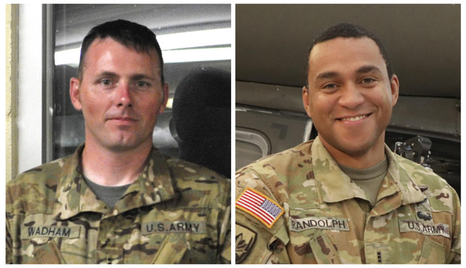 This combo of images provided by the Tennessee National Guard shows Chief Warrant Officer 3 Daniel Wadham, left, and Chief Warrant Officer 3 Danny Randolph, two Tennessee National Guard pilots killed when their Black Hawk helicopter crashed along an Alabama highway on Wednesday, Feb. 15, 2023. Both pilots were both experienced aviators with more than a dozen years of military service apiece, military officials said Thursday, Feb. 16. (Maj. Theresa L. Austin/Tennessee National Guard via AP)