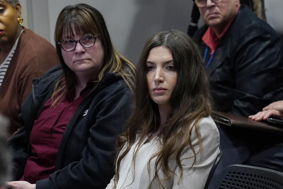 Lea Glossip, right, wife of death row inmate Richard Glossip, listens with Sue Hosch, left, an advocate with the Oklahoma Coalition to Abolish the Death Pealty, during a news conference concerning continued attempts to halt the execution of Richard Glossip, Thursday, May 4, 2023, in Oklahoma City. (AP Photo/Sue Ogrocki)