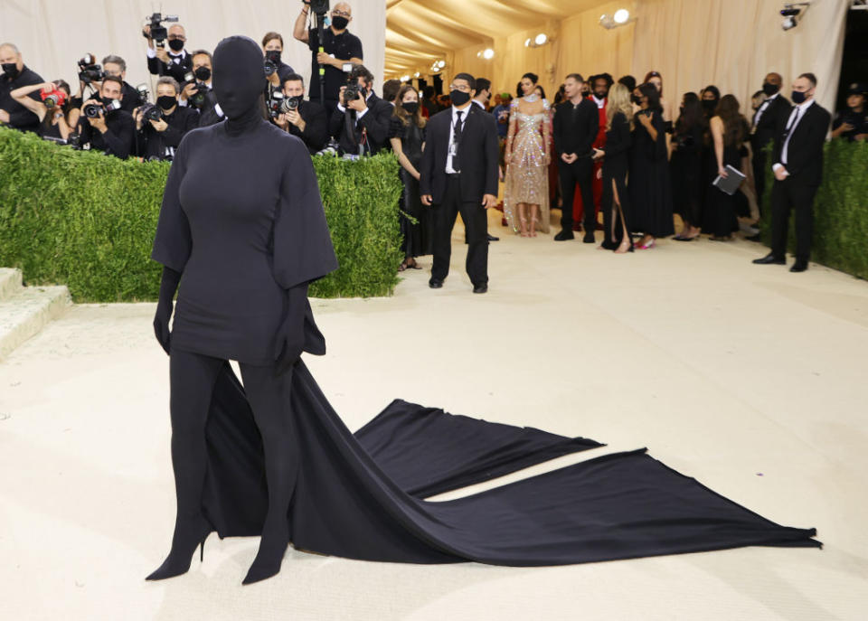Kim Kardashian wore a full-body covering by Balenciaga to last night's Met Gala. (Getty Images)